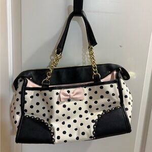 Betsey Johnson Black and White Polka Dot Shoulder Bag with Pink Bow